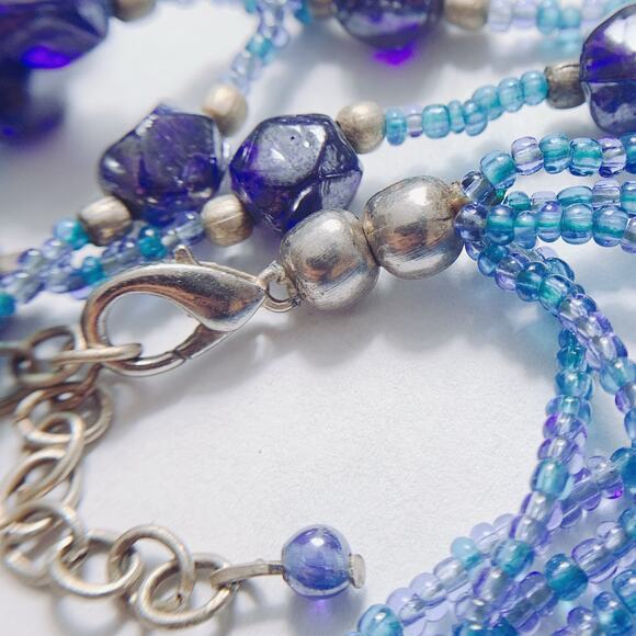 Vintage Glass Bead Tassel Necklace Blue Multi Strand Bohemian Artisan Jewelry - Picture 9 of 13